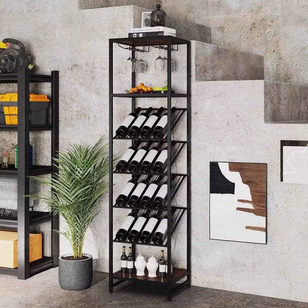 Gymax 7-Tier Freestanding Wine Rack and Liquor Storage Stand with Glass Holder in Brown – 5