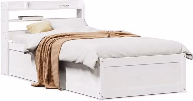 Berkfield Home Single Bed Frame with Headboard and Side Compartments in White Solid Pine, W/D/H: 90 x 190 cm