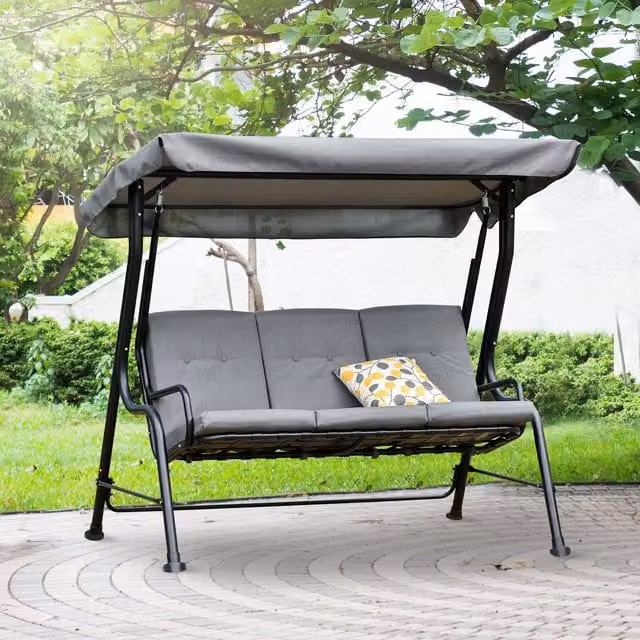 Outsunny 3-Person Modern Metal Porch Swing Chair with UV-Resistant Sun Canopy in Grey and Black