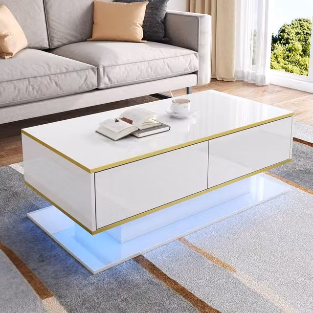 Merax Modern High-Gloss Coffee Table in White and Gold with 3 Drawers and LED, W/D/H: 100 x 50 x 40 cm