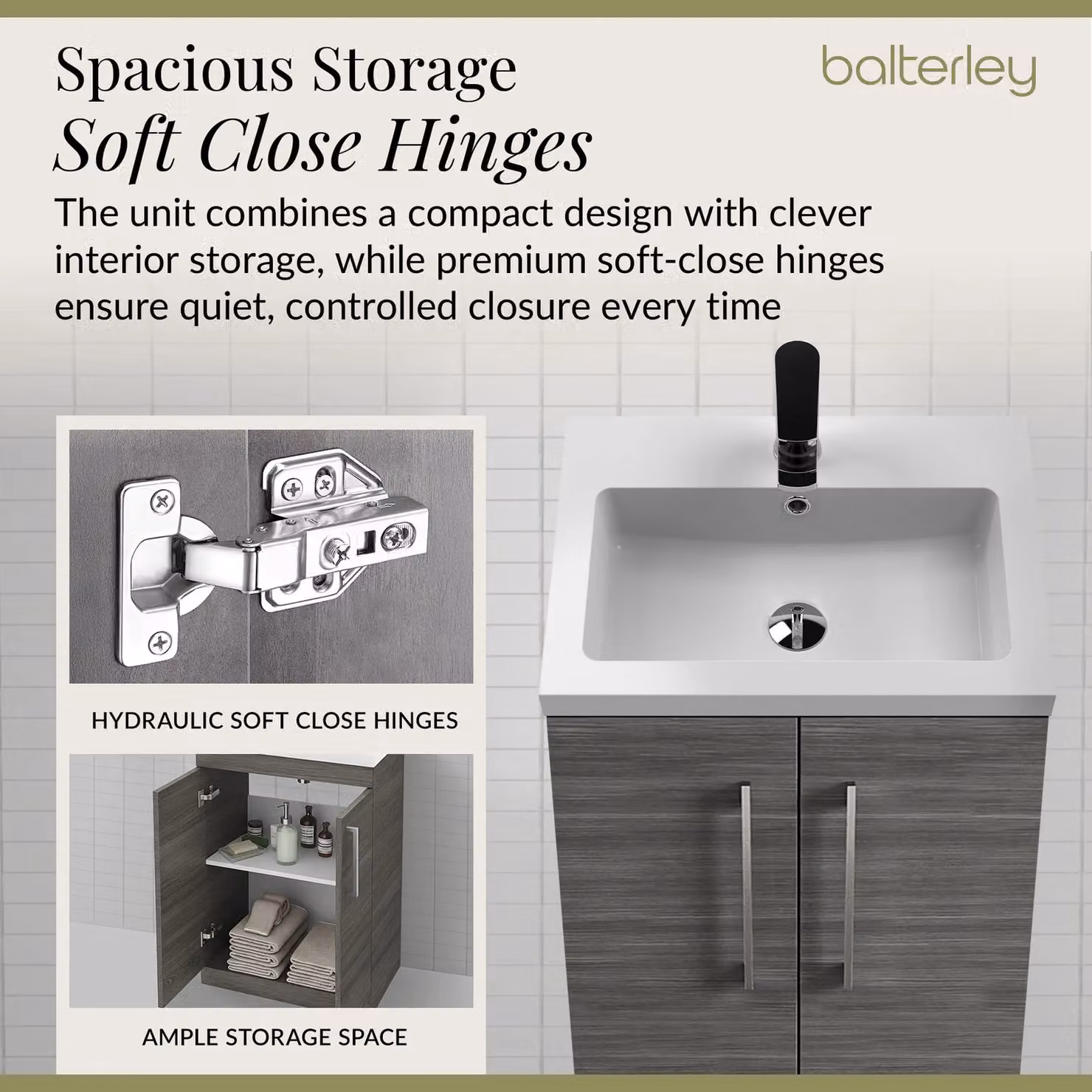 Balterley Modern Bathroom Vanity Basin Unit in Wood Grey with Chrome Handles, W: 60 cm, H: 84 cm – 3