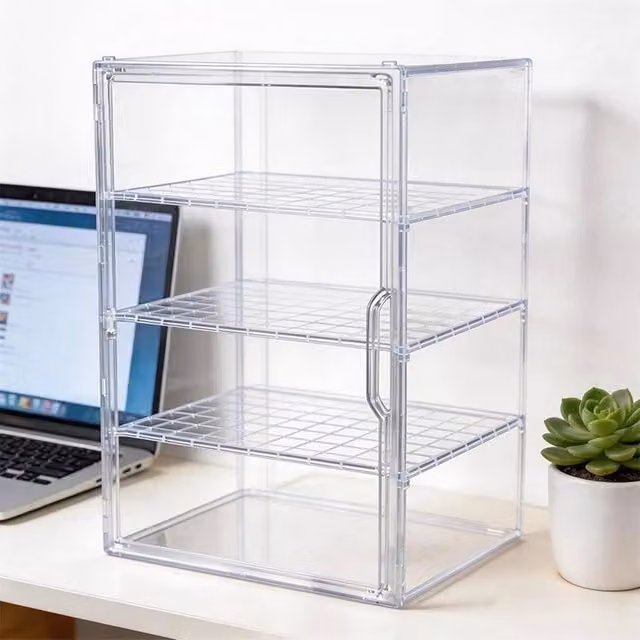 FLAVORA HOT 4-Tier Transparent Plastic Dustproof Display Stand with Back Panel, W/D/H: 50 x 40 x 25 cm
