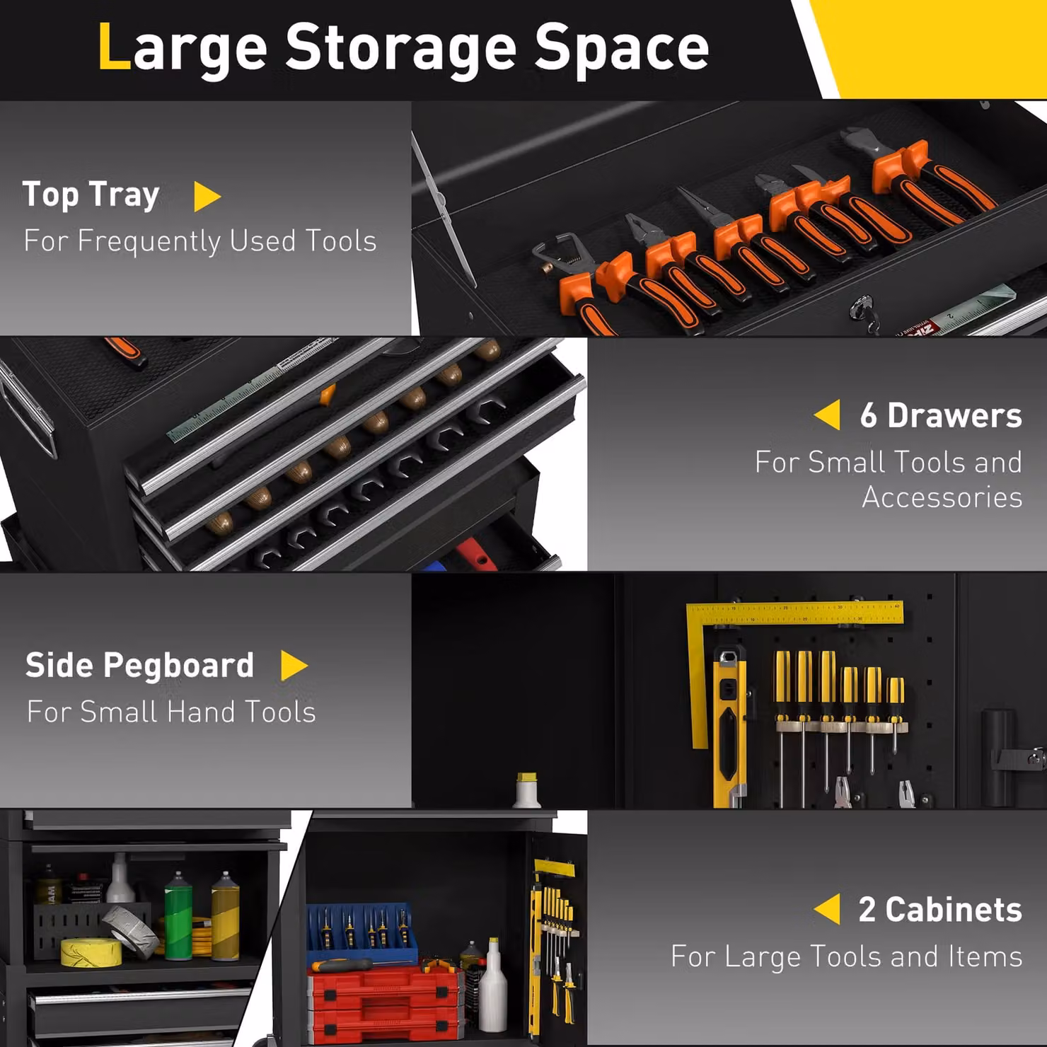 HOMCOM 3-in-1 Lockable and Rollable Steel Tool Cabinet with 6 Drawers and Pegboard, Black, W/D/H: 60.5 x 33.5 x 131.0 cm – 4