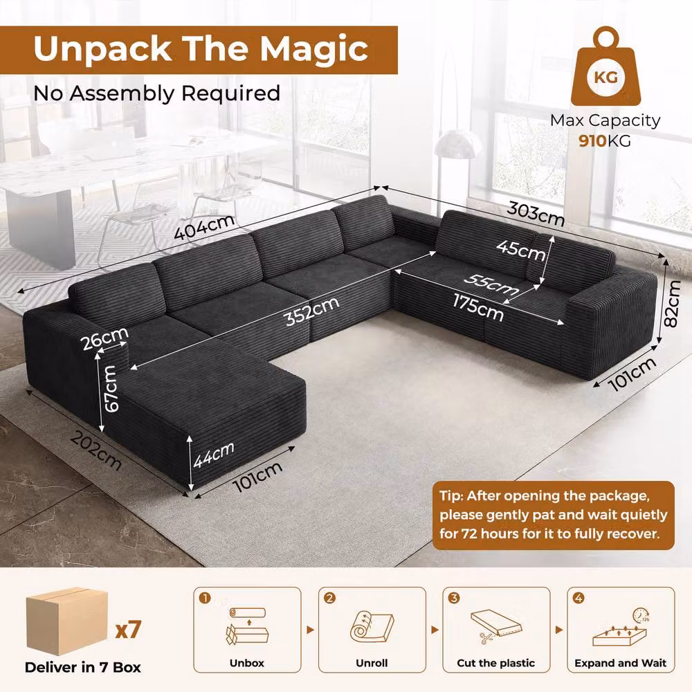 Dprodo Black Corduroy Modular 6 Seater L-Shape Corner Sofa with Matching Ottoman and Removable Covers – 2