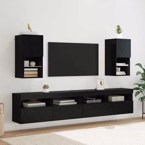 vidaXL Set of 2 Modern Wall-Mounted TV Cabinets in Black Oak with Integrated Lighting and Media Compartments