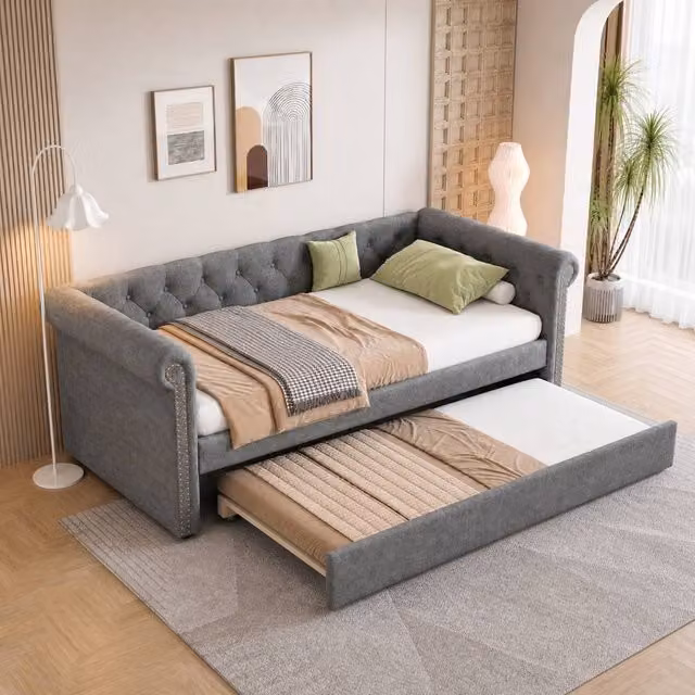 Merax Grey Velvet Chesterfield Single Daybed Sofa Bed with Pull-Out Trundle, W/D/H: 190 x 90 x 71.5 cm
