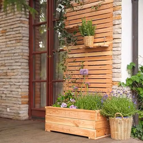 Primrose Wooden Trough Planter with Closed Style Privacy Trellis, Brown, W: 89 cm, D: 43 cm, H: 173 cm