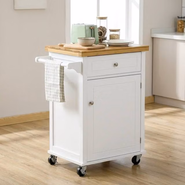 STILVORA Kitchen Cart with Drawer, Cupboard and Bamboo Top in White