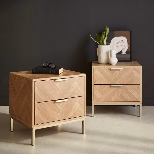 Sweek Pair of Herringbone Bedside Tables with 2 Drawers in Light Brown