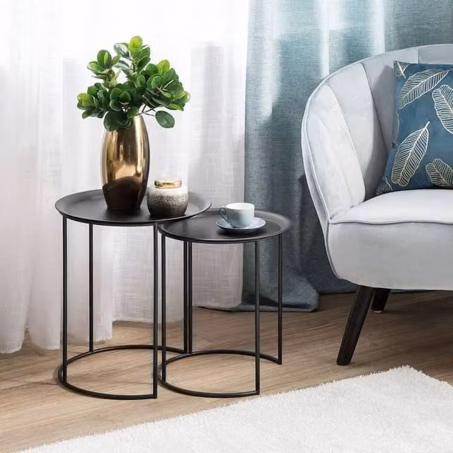 Wyld and Coco Black Metal Nesting Tables, Set of 2 Round Tray Tops – 1