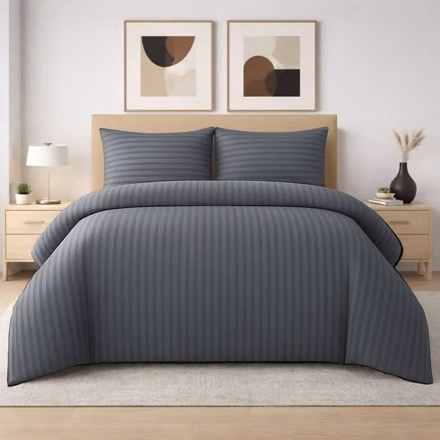 Pamposh Grey Striped Microfibre Duvet Cover and Pillowcase Set, W/D/H: 200 x 200 cm with 50 x 75 cm Pillowcases – 1