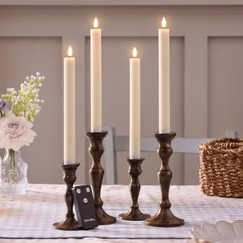 Lights4fun Set of 4 Ivory Real Wax Rechargeable USB TruGlow Flameless LED Taper Dinner Candles with Remote Control and Timer – 1