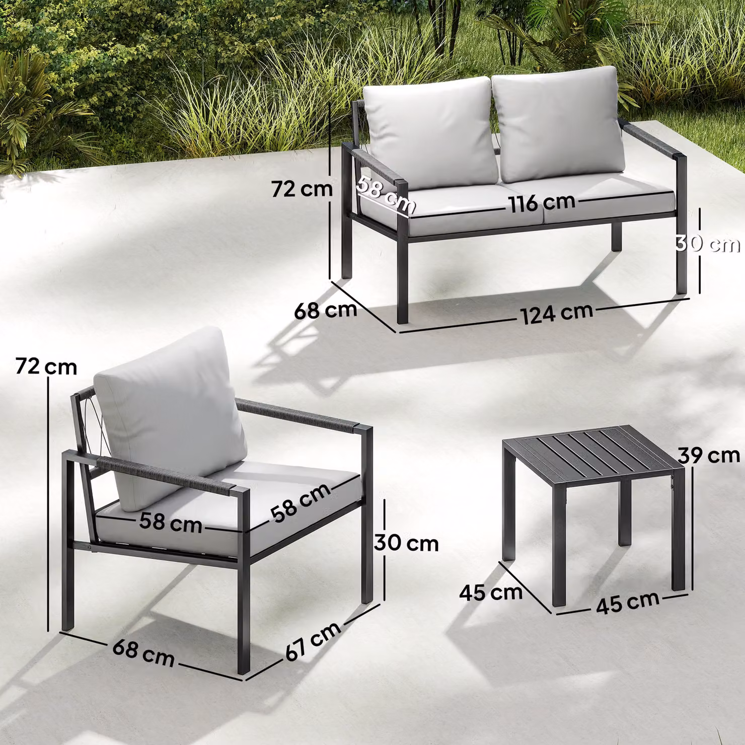 Outsunny 5 Piece Metal Garden Furniture Set in Grey with Upholstered Cushions, 2 Seater Sofa, 2 Armchairs and 2 Coffee Tables – 3