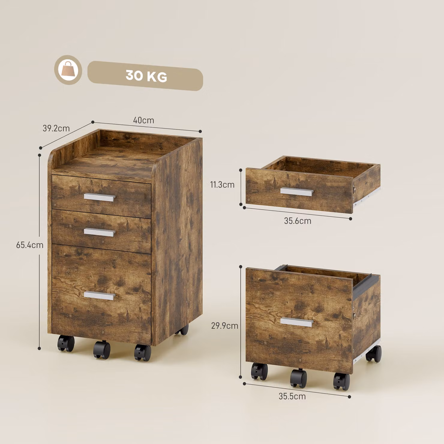 HOMCOM 3 Drawer Rolling Filing Cabinet in Rustic Brown for Letter and A4 Size Files – 3