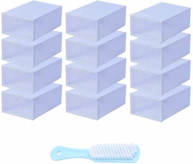 EONLION 12 Pack Stackable White and Transparent Plastic Shoe Storage Boxes with Drawers