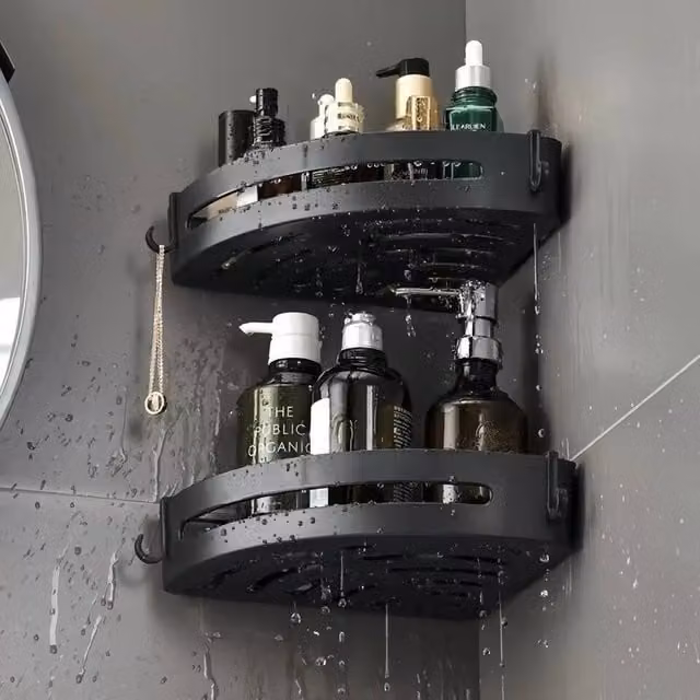 VOGREX Black Matt Aluminium Corner Shower Shelf with Suction Cup Wall Mount and Drainage
