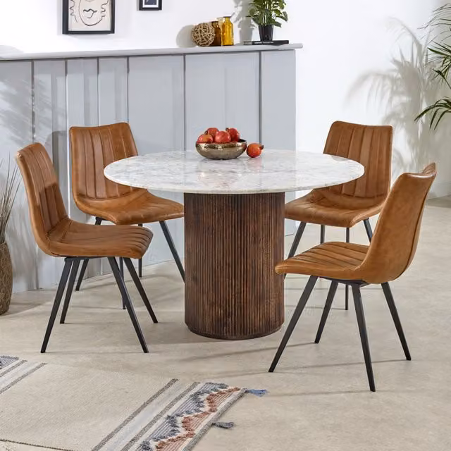 Luxor Living Round Mango Wood Dining Table with Marble Top, Brown and White, Diameter: 120 cm, Height: 76 cm