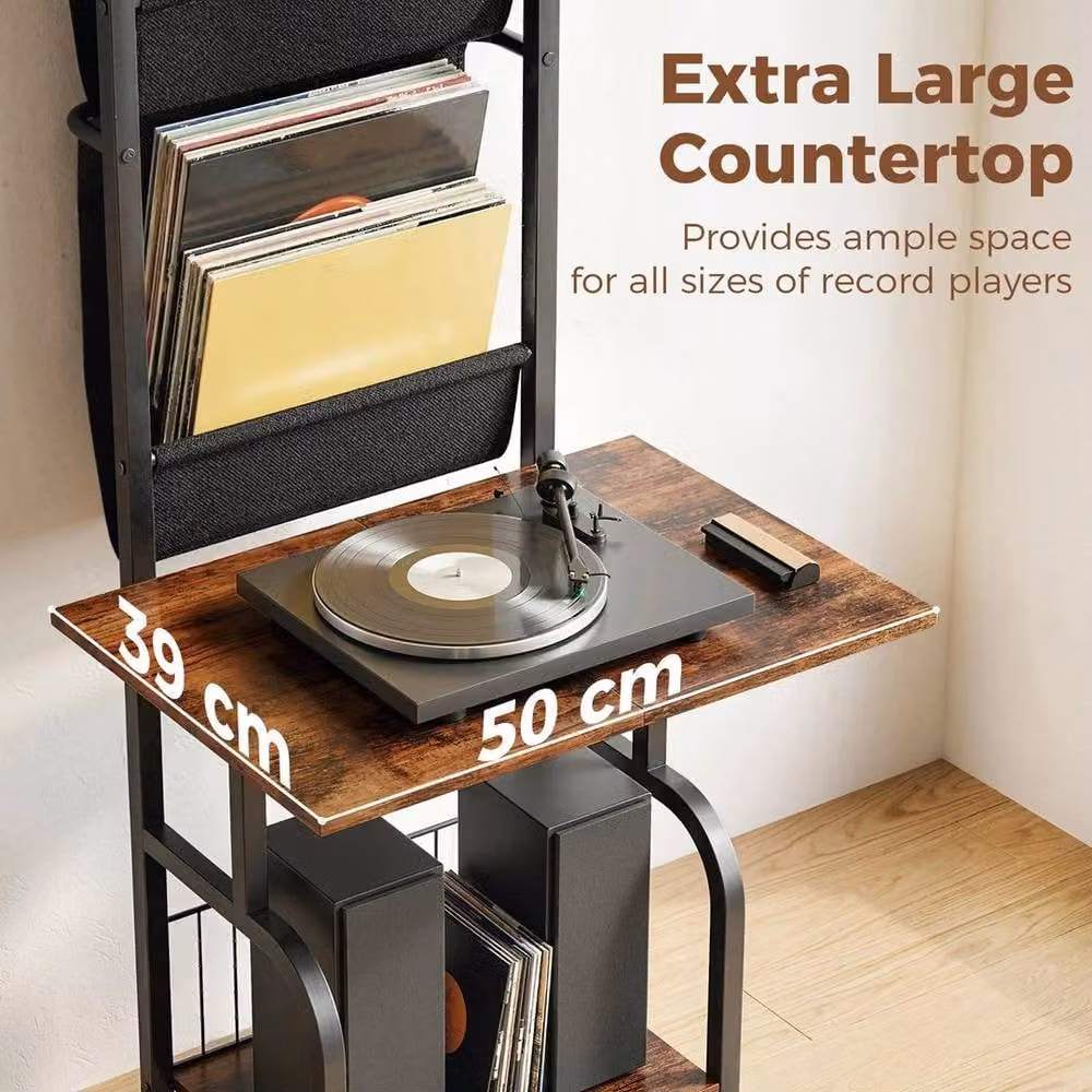 EONLION Industrial Vinyl Record Player Stand with Media Compartments in Black and Brown, W: 50 cm – 3
