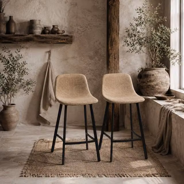 Wyld Haus Panato Set of 2 Modern Faux Leather and Metal Bar Stools in Brown and Black – 1