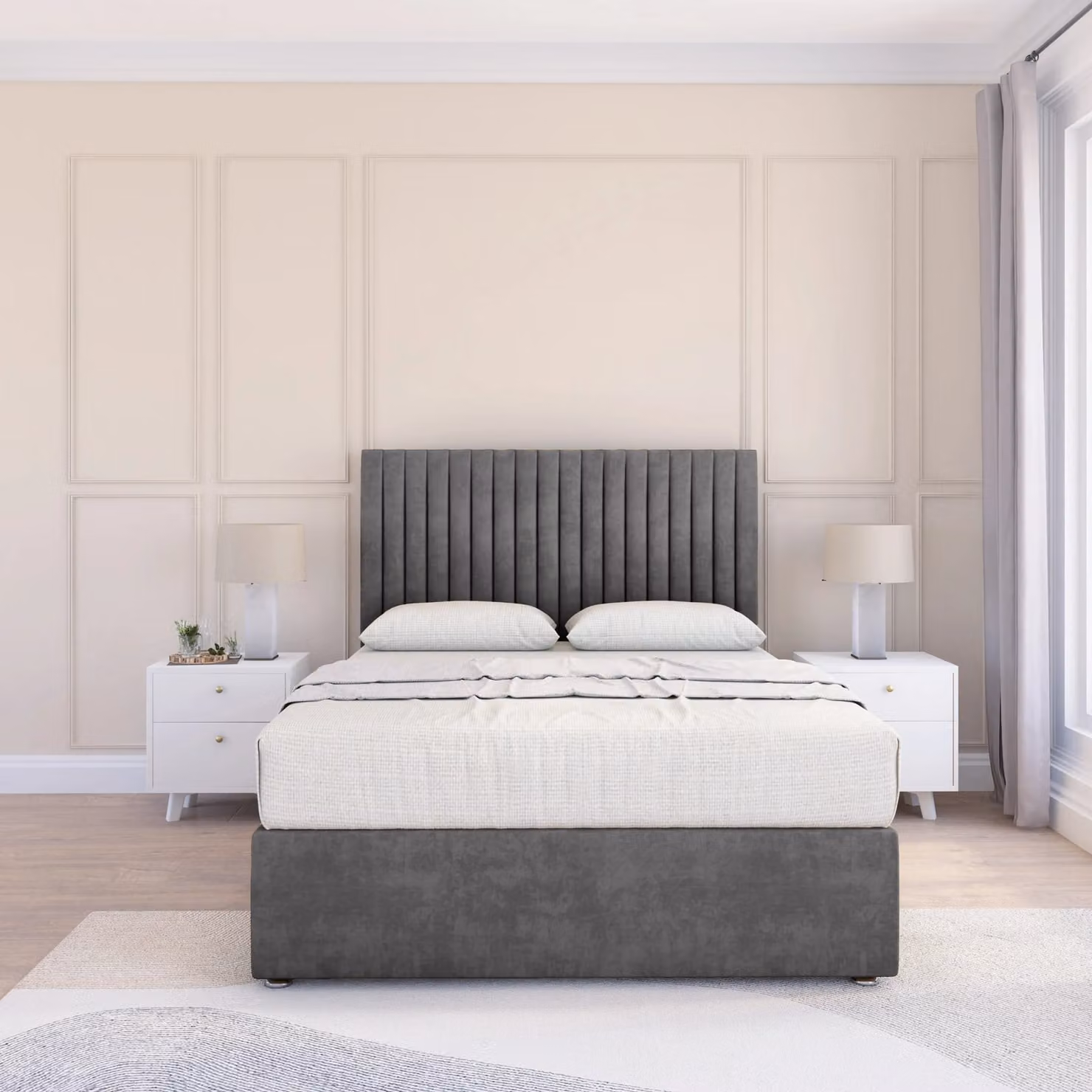 Sloomy Manhattan Divan Bed Base with Floor Standing Headboard, Light Beige Velvet, W/D/H: 200 x 200 cm