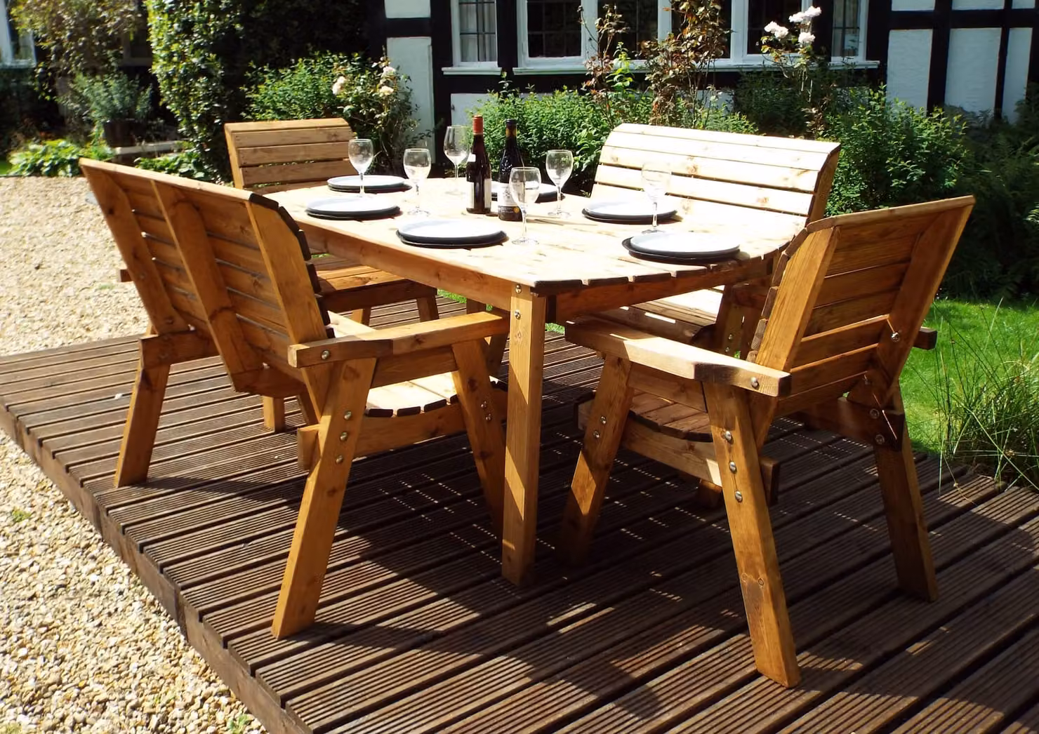 Charles Taylor Trading Six Seater Rectangular Garden Table Set with Chairs and Benches in Brown Oiled Treated Hardwood – 2