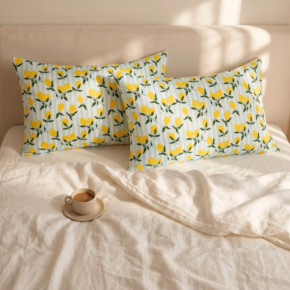 SMUG 2 Pack Mako Satin Pillowcases in Yellow Lemon Stripe with Envelope Closure – 3