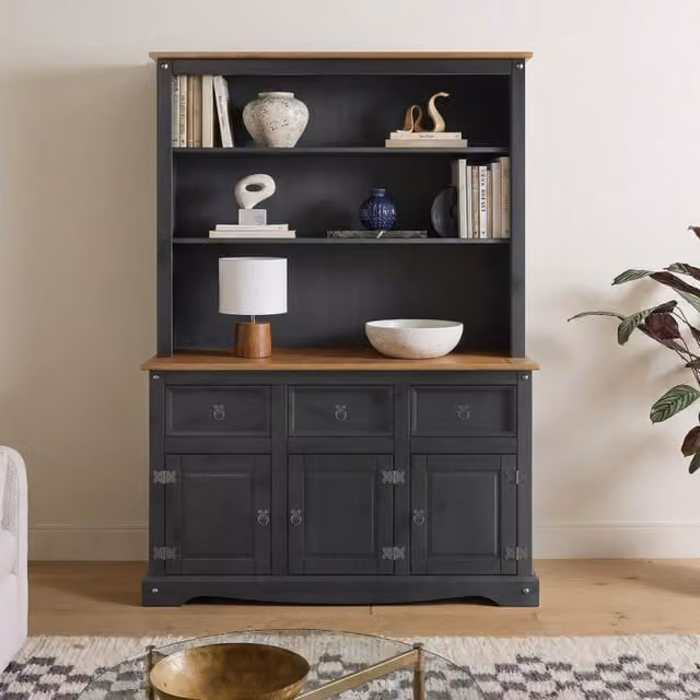 Mercers Furniture Corona Charcoal 3 Door Dresser in Solid Pine Wood, Dark Grey Distressed Wax Finish, W/D/H: 176 x 125 x 40 cm