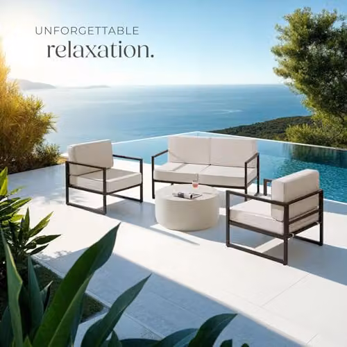tectake Minimalist Garden Furniture Set in White with 2-Seater Sofa, 2 Lounge Armchairs and Upholstered Cushions with Powder Coated Steel Frames – 2