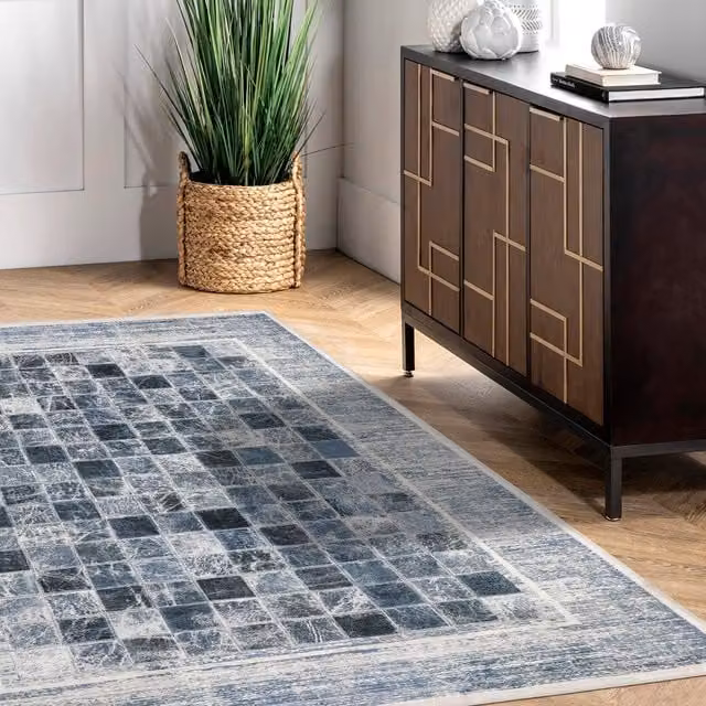 Woohoo Furniture Blue Checkerboard Flatweave Chenille California Rug, W: 100 cm, L: 200 cm