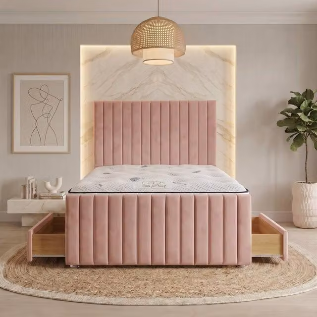 Somnior Eleanor Pink Velvet Hybrid Divan Bed with 4 Drawers and Mattress, W/D/H: 120 x 200 x 25 cm