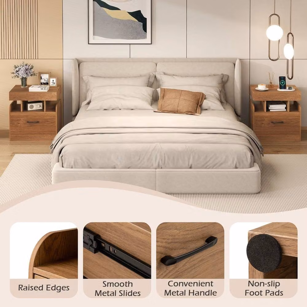 FORGEVIO Modern Living Room and Bedroom Side Table Nightstand with Charging Station in Natural Sand Brown Wood Finish – 4