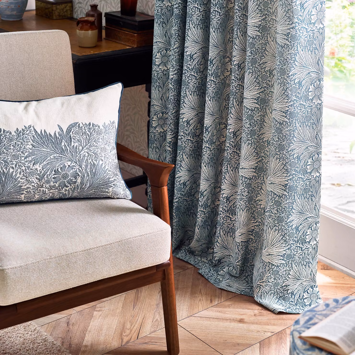 Morris & Co. Marigold Jacquard Floral Pencil Pleat Curtains, Blue, Width: 229 cm, Drop: 183 cm – 5