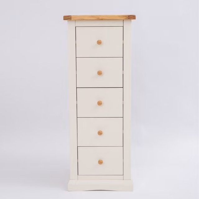 Cabinet Bits Castelli 5 Drawer Narrow Chest of Drawers in Off-White Pine with Wood Knobs