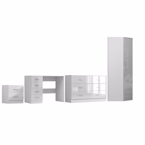 REFLECT Modern Bedroom Furniture Set in White Gloss and Matt White Finish including Corner Wardrobe, Wide Chest of Drawers, Bedside Table and Desk – 2