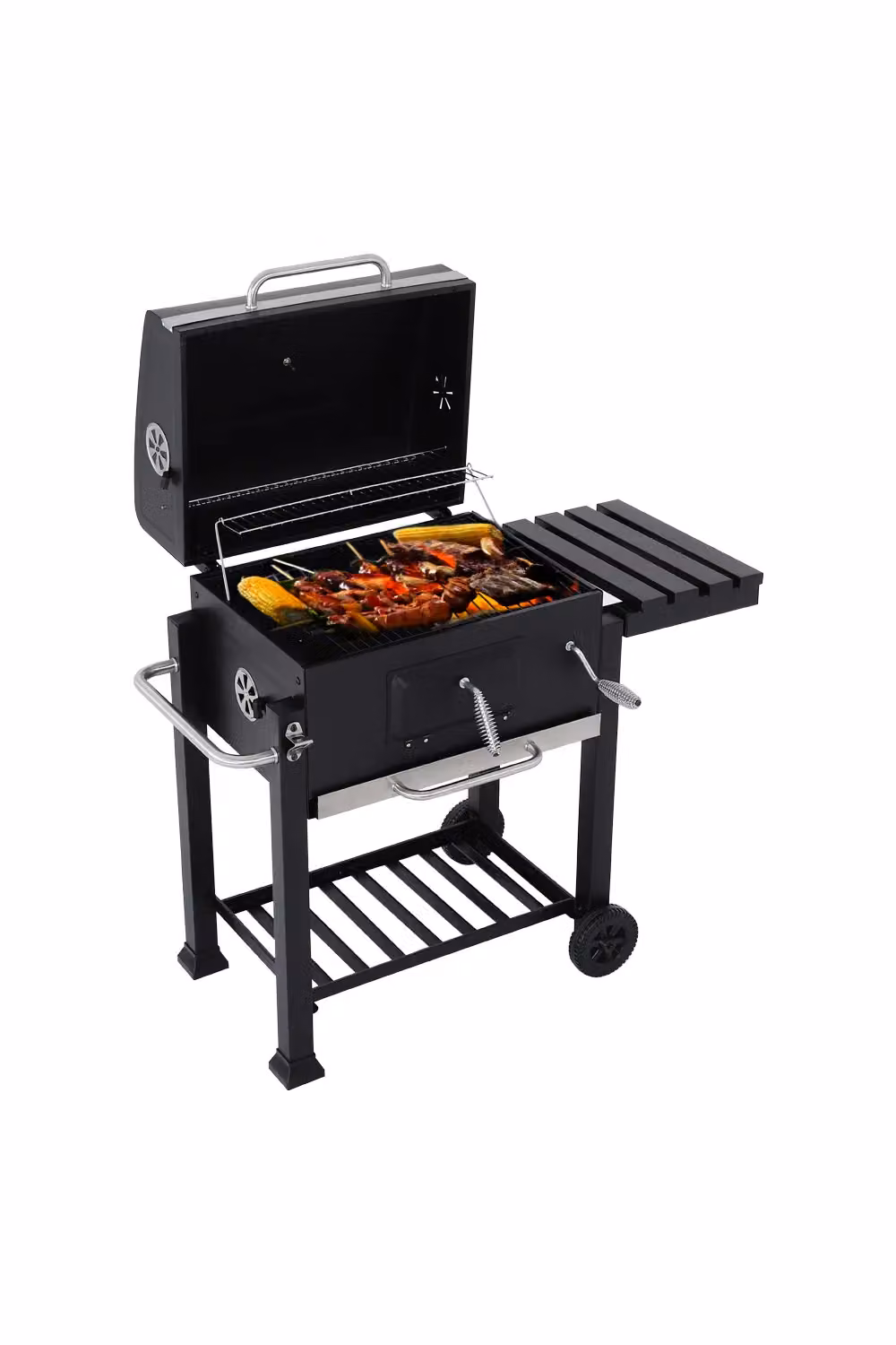 H&O Direct Charcoal BBQ Grill with Portable Trolley and Wheels in Black Stainless Steel – 2