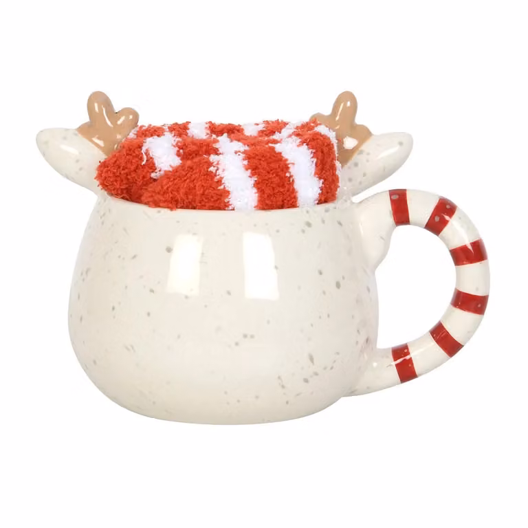 Something Different Rudolph Reindeer Ceramic Mug and Striped Sock Set in White