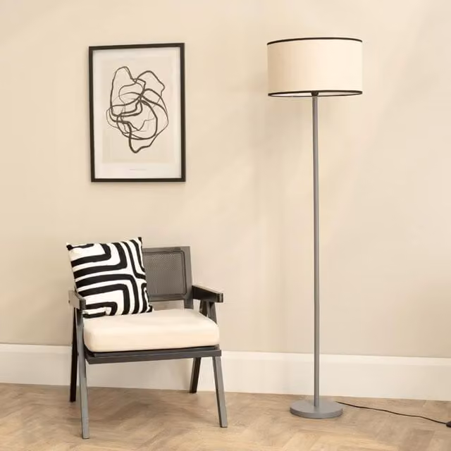 ValueLights Heather Grey Wood Single Stem Floor Lamp with Natural Fabric Drum Shade