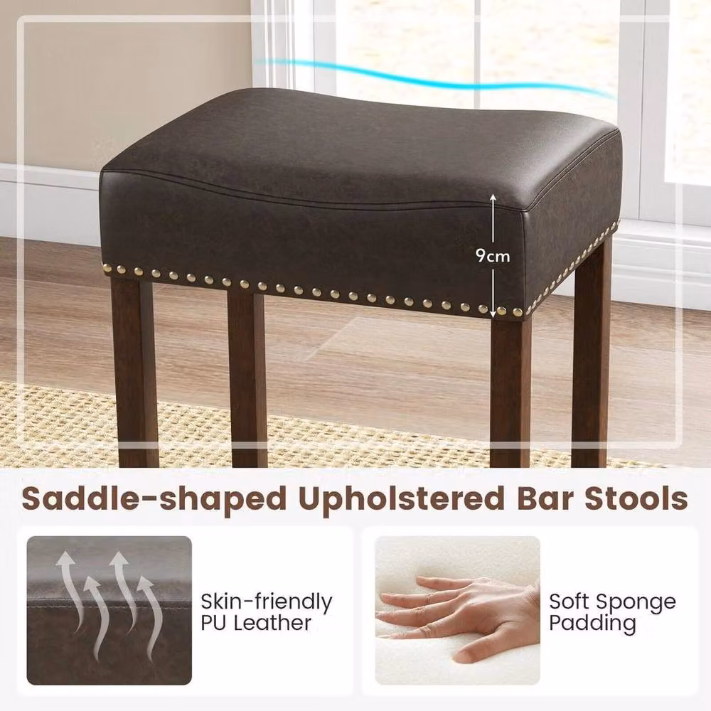KORVIXA Set of 2 Padded Counter Height Bar Stools in Brown with Rubberwood Finish – 3