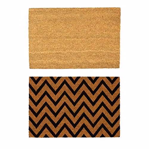 Nicola Spring Coir Door Mat Set of 2, Zig Zag Graphic Design, Black and Multicolour, W: 60 cm, D: 40 cm – 1