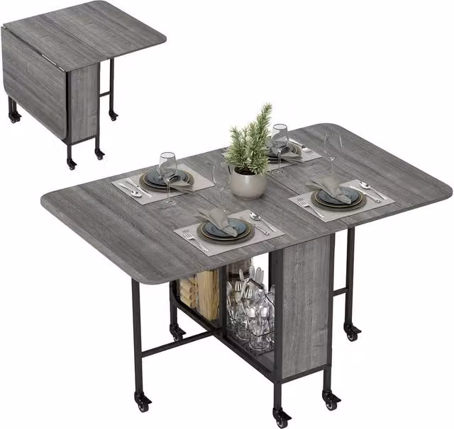 NESTLUNE Grey Mobile Drop Leaf Dining Table with Castors – 1