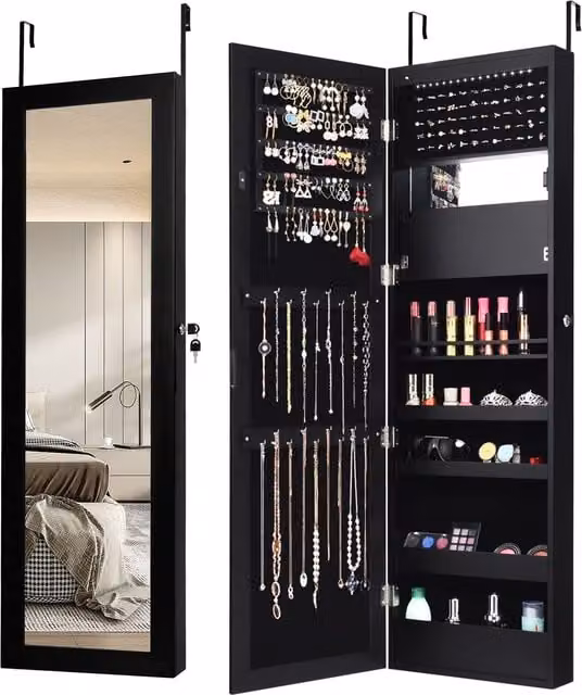 Costway Black Wall or Door Mounted Jewelry Armoire Organizer with Full-length Mirror and LED Lighting – 1
