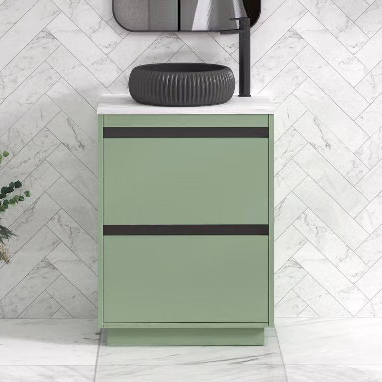 Royal Bathrooms Orion 600mm Mint Sage Floor Standing Vanity Unit with 2 Drawers, Milan Black Basin and Black Accent Trim