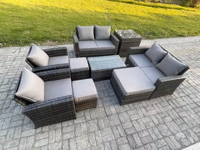 Fimous 9 Piece Outdoor Rattan Garden Furniture Set with Coffee Table and Upholstered Cushions in Dark Grey