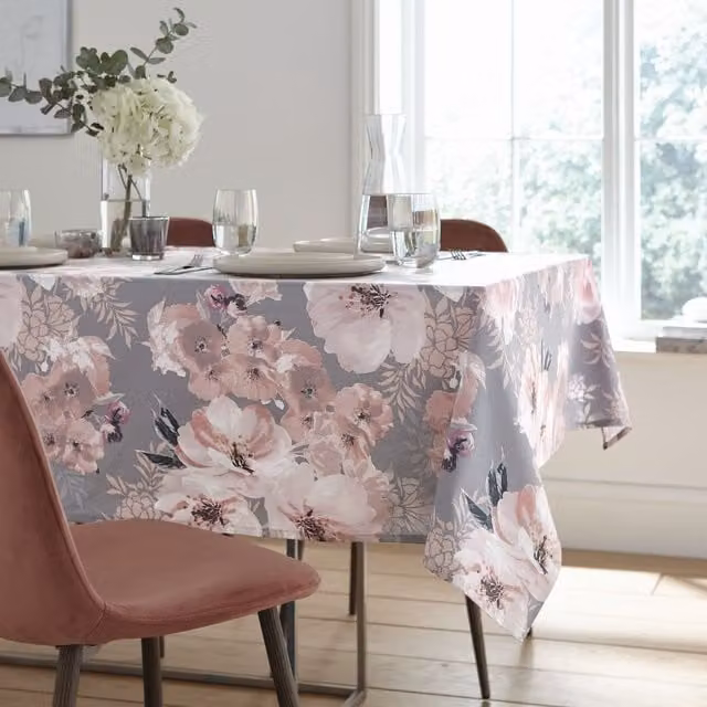 Catherine Lansfield Dramatic Floral Grey Wipe Clean Coated Cotton Oilcloth Tablecloth