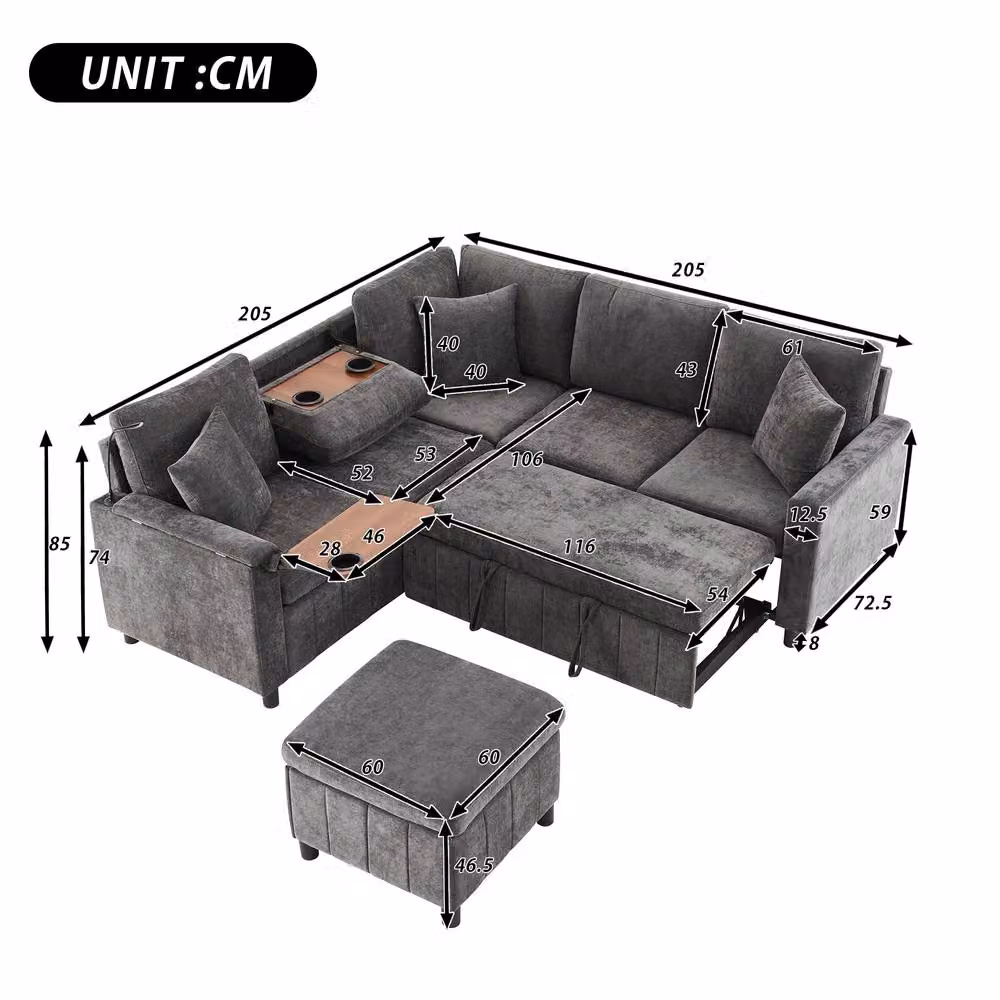 BTM Grey Chenille Reversible L-Shape Corner Sofa Bed with USB Charging and Ottoman – 2