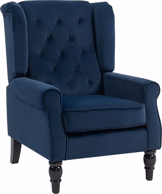 HOMCOM Retro Wingback Accent Chair in Dark Blue Velvet with Solid Wood Frame – 1
