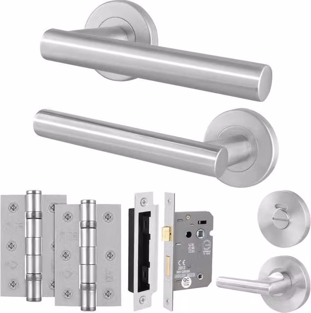 AFIT Silver Satin T-Bar Lever Bathroom Door Handle and Hinge Kit with 76mm Lock, W/D/H: 15 x 15 x 1.5 cm