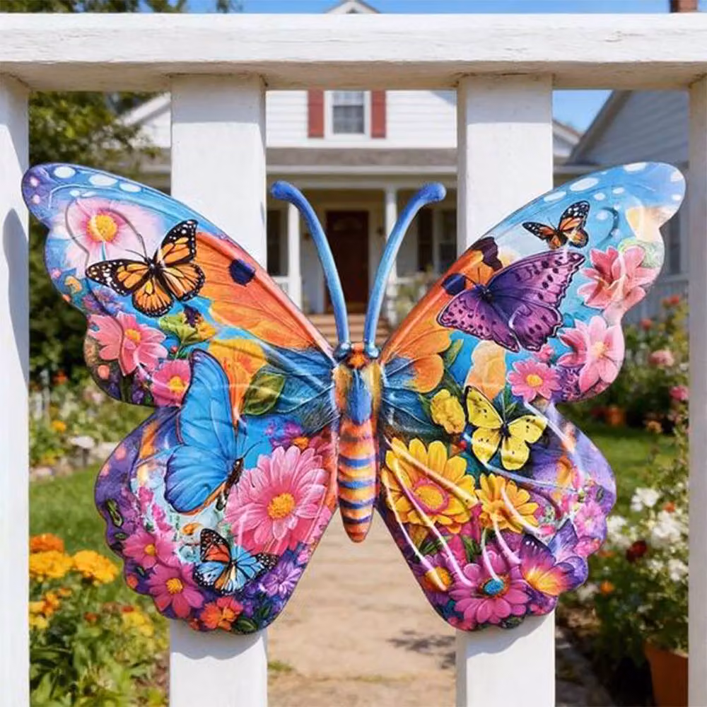 Quipulse 3-Piece Multicolour Metal Butterfly and Floral Outdoor Wall Hanging Decor, Size: 15 cm – 4
