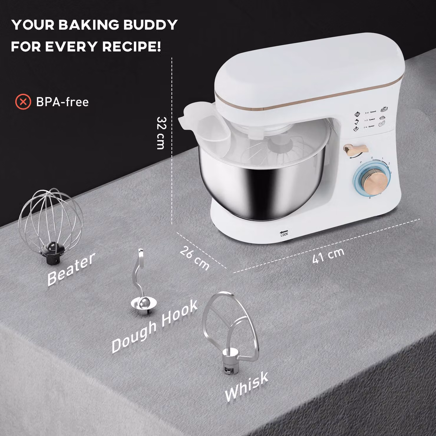HOMCOM 5L Electric Stand Mixer with Stainless Steel Bowl and Dough Hook in White – 3