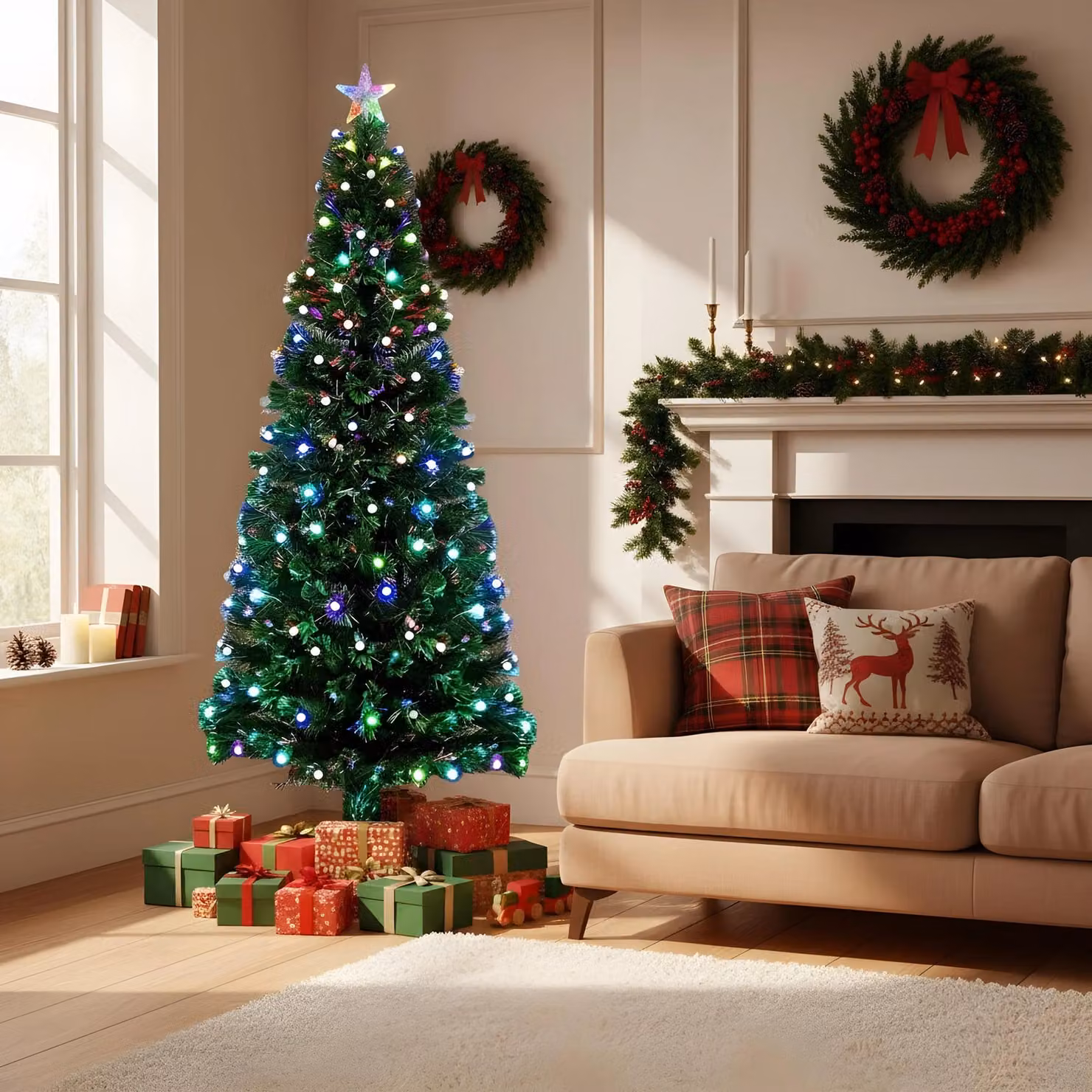 Shatchi Berries Balls Fibre Optic LED Pre-Lit Christmas Tree in Green, Height: 180 cm – 4